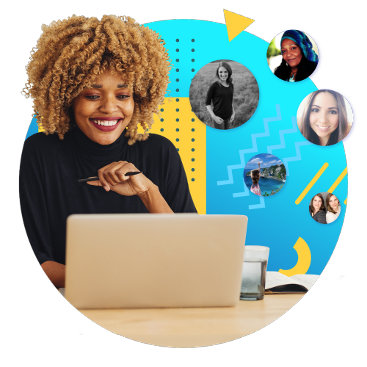 A smiling woman works on a laptop, surrounded by circular profile photos of diverse individuals—symbolizing Zazzle’s community-focused investment in creators.
