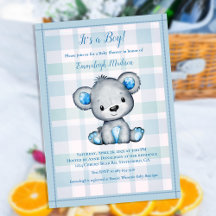 Cute Gray Bear Plaid Blanket Boy Baby Shower 3C