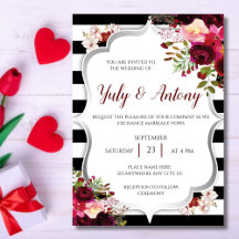 Burgundy Floral Black White Stripes Wedding Suite