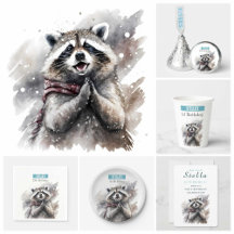 Winter Watercolor Raccoon -  Birthday Party