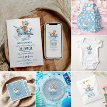 Cute Bear Blue Plane Time Flies One 1st Birthday 