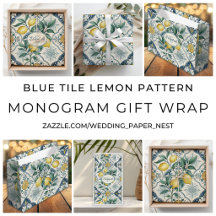 Blue French Country Lemon Pattern Name Gift Wrap