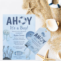 Ahoy It's a Boy Ocean Animal Cute Blue Baby Shower