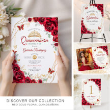 Red Gold Floral Quinceanera