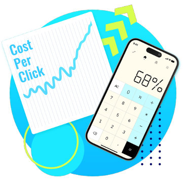 Illustration of a rising cost-per-click graph next to a smartphone calculator displaying “68%,” symbolizing the increase in Zazzle’s ad costs.