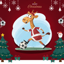 Giraffe in Christmas Outfit and Soccer Ball