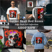 Gothic Skull Red Roses - Edgy Dark Art