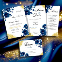 Chic Navy Watercolor Flowers Gold Glitter