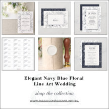 Elegant Navy Blue Floral Line Art Wedding
