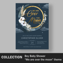 Boho Navy Blue and Gold Foil Moon Pampas Cotton