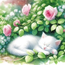 White Kitten Napping under a Rose Bush