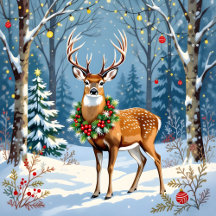 Christmas Deer in Festive Winter Forest 