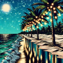 Tropical Coastline Palm Trees with White Lights