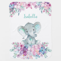 Cute Floral Watercolor Baby Elephant