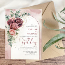 Boho arch blush and burgundy roses and eucalyptus 