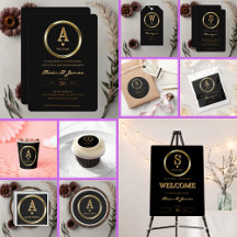 Elegant Black and Gold Monogram Family Baby Shower