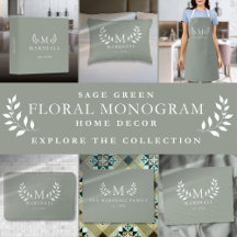 Sage Green Floral Monogrammed Home Decor Suite