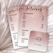 Rose Gold Glitter Salon Price List Service Menu