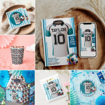 Blue Soccer Sports Boy Jersey Kids Birthday Part