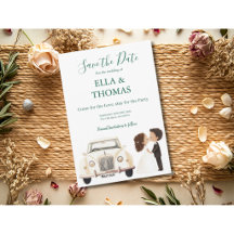 Kissing Couple and Vintage car Save the Date