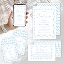 Cute Blue Wavy Scallop Frame Retro Baby Boy Shower