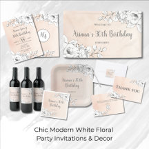 Chic Modern White Floral Party Invitations & Decor