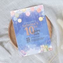 Watercolor Blue Sky Balloon Birthday Invitation