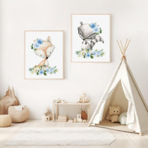 Woodland Animals, Blue Flowers Nursery Prints