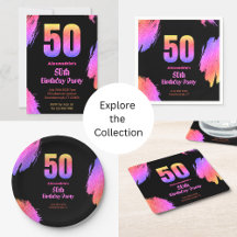 50th birthday neon pink glitter party supplies