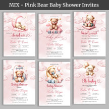 MIX - Pink Teddy Bear Girl Baby Shower Invitations