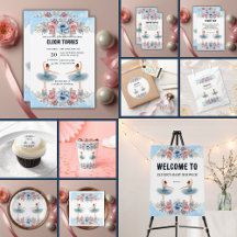 Cute Blue Watercolor Floral Ballerina Baby Shower