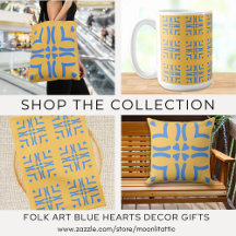 Modern Folk Art Mustard Yellow & Blue Hearts Decor