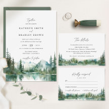Mountain Lake Woodland Watercolor Wedding Suite
