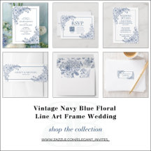 Vintage Navy Blue Floral Line Art Frame Wedding