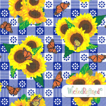 Sunflower Monarch Butterflies Blue Gingham Pattern