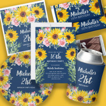 SUNFLOWERS AND PINK ROSES ON NAVY BLUE BIRTHDAY