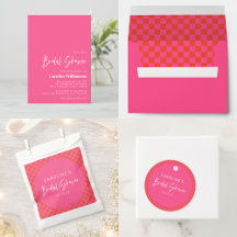 Retro Hot Pink Orange Checkerboard Bridal Shower