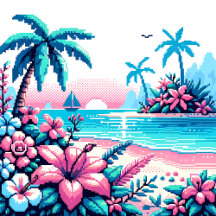 White, Pink and Blue Pixel Art Tropical Island