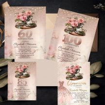 Tea Cup Flowers Glitter Rose Gold Birthday