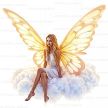 Golden Winged Angelic Fairy Resting on a Cloud