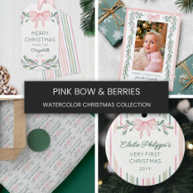 Watercolor Berry Sprigs & Pink Bow Christmas