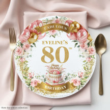 Blush Flowers Gold 80th Birthday Paper Plates 9-80