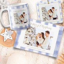 Chic Blue Gingham Plaid Family Christmas Photo