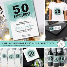 Teal Watercolor Modern Fifty & Fabulous Birthday