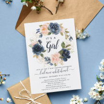 Blush Navy Watercolor Floral Wreath Baby Shower