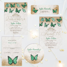 Green Gold Glitter Butterfly Quinceanera Sweet 16 