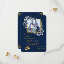 Elegant Navy and Gold Wedding White Roses Floral 