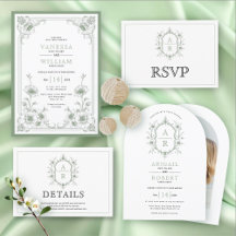 Vintage sage green floral crest monogram wedding