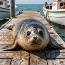 A cute Seal on a Boat Dock by the Ocean