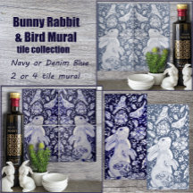 BLUE & WHITE BUNNY RABBIT FLORAL TILE MURAL